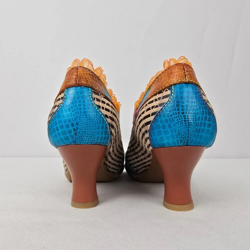 Socofy Blue & Orange Leather Ruffle Booties Size 6.5 - Picture 5 of 9